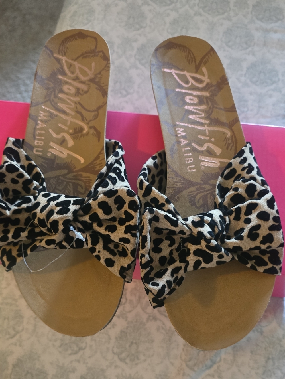 Blowfish Leopard-Print Bow Slide Sandals in Beige and Black